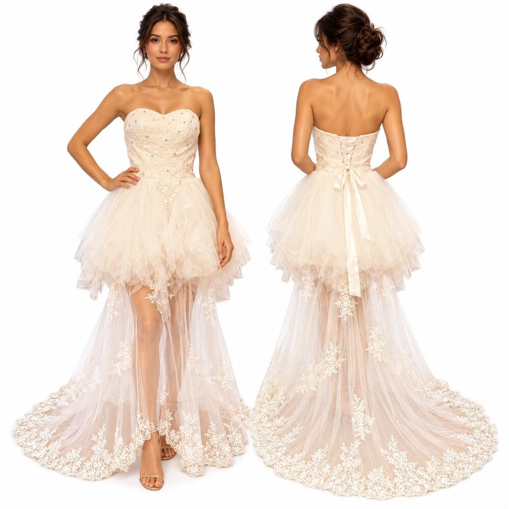 Vintage 1980s White Strapless Tulle Lace Train Prom Wedding Dress XS/S